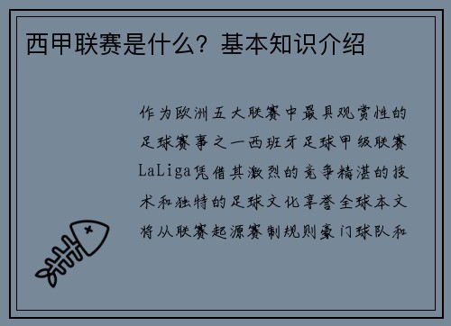 西甲联赛是什么？基本知识介绍